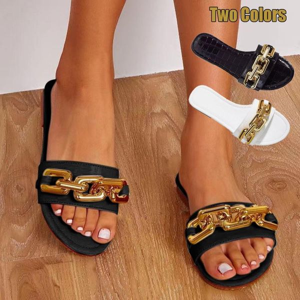 

slippers women's summer flat round toe outdoor chain decor slip on shoes breathable comfort beach plus size, Black