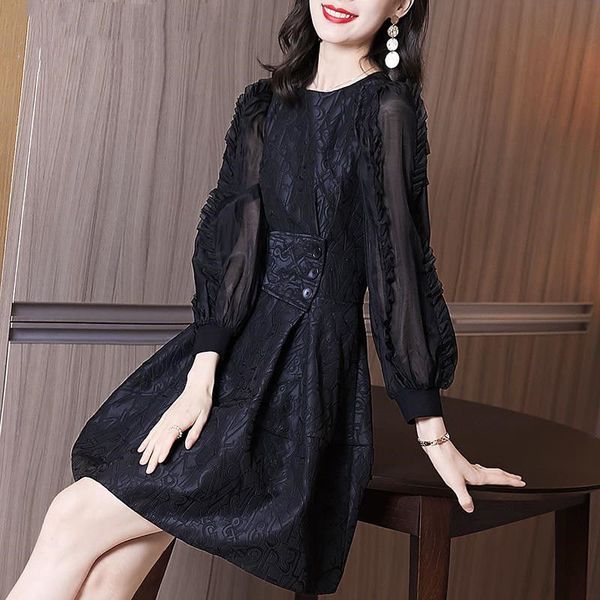 

casual dresses dressed in women's mesh, thin-waisted skirt with frilly sleeves, long french style, temperament for autumn and winter 0x, Black;gray