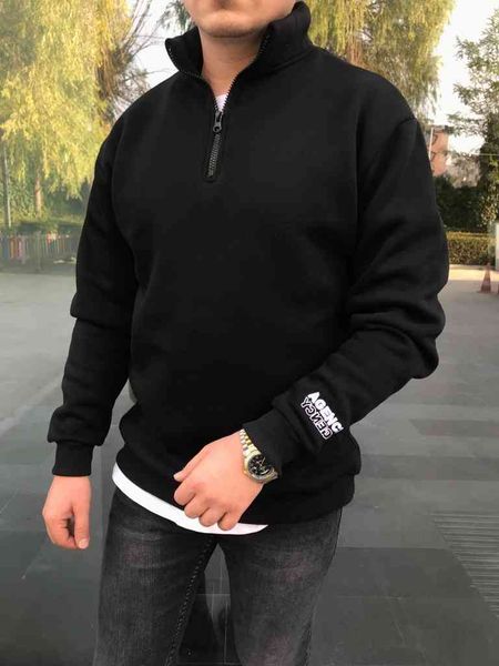 

winter season men's oversize loose collar zipper black thick sweatshirt streetwear hoodie polo shirt