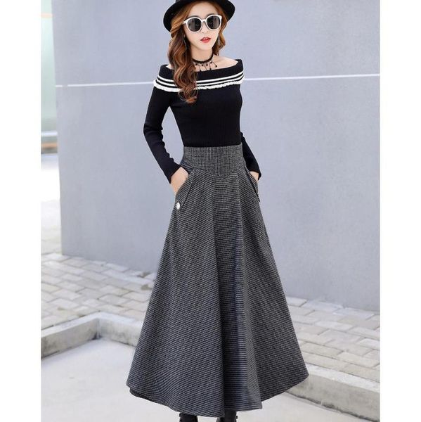 

skirts high waist retro plaid woolen skirt 2021 fashion warm winter long office wool pleated femme maxi, Black