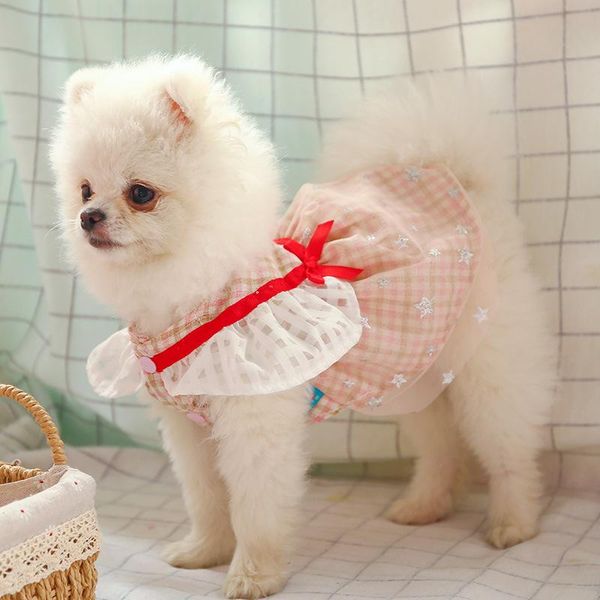 

pomeranian red ribbon sequined star mesh skirt pet clothes dog wedding dress puppy chihuahua for small dogs apparel