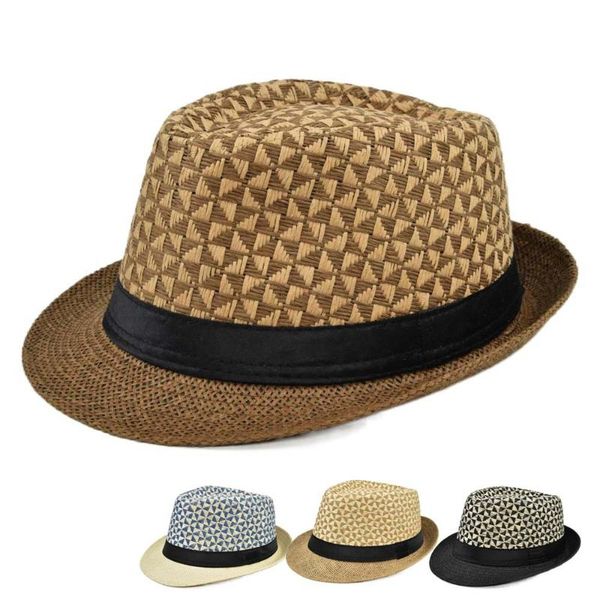 

wide brim hats wholesale summer 2021 short fedoras panama beach straw jazz hat sun for men women sunhat chapeau paille, Blue;gray