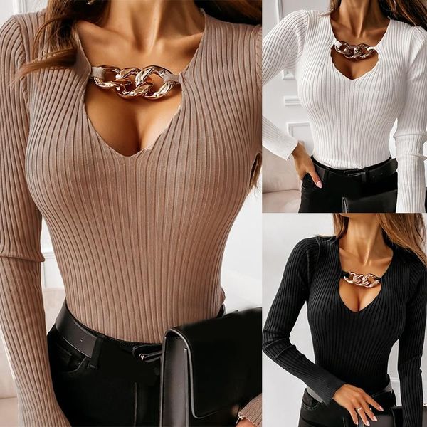 

women's fashion v-neck chain decoration long sleeve bottoming t-shirt, White