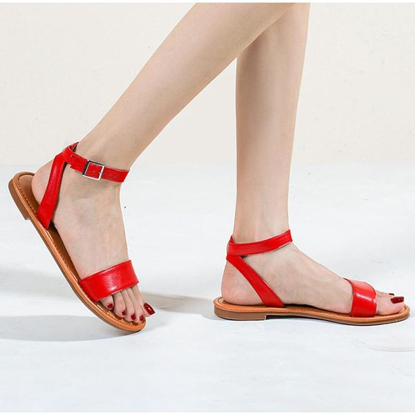 

sandals 2021 summer women leather ankle strap metal ring buckle shoes female casual fashion flats ladies comfortable footwear, Black