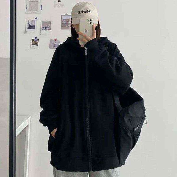 

autumn winter female harajuku korean version hooded sun protection coat retro student girl women hoodie zipper sweatshirt 211108, Black