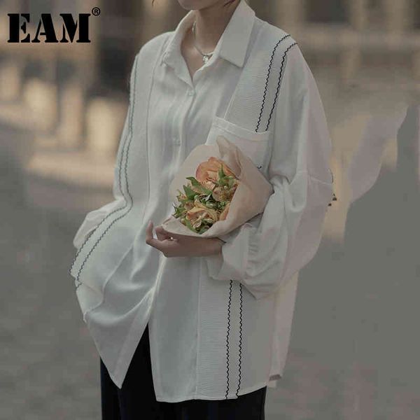 

[eam] women black big size ruffles casual blouse lapel long sleeve loose fit shirt fashion spring autumn 1dd6573 210512, White