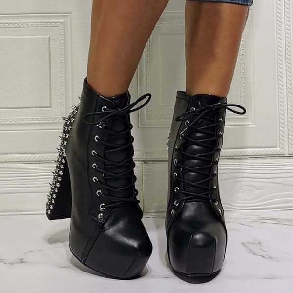 

boots doratasia brand ladies luxury high heels rivet ankle platform lace up party women autumn punk shoes woman, Black