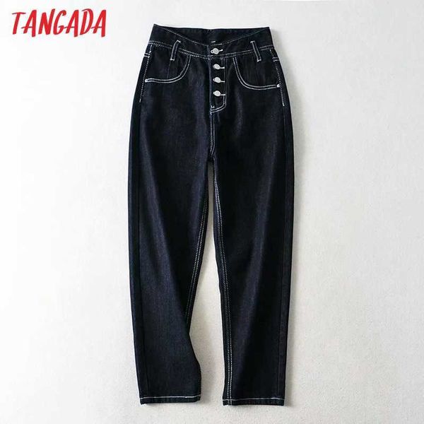 

tangada fashion women high waist jeans pants long trousers pockets buttons female pants 2qi01 210609, Blue