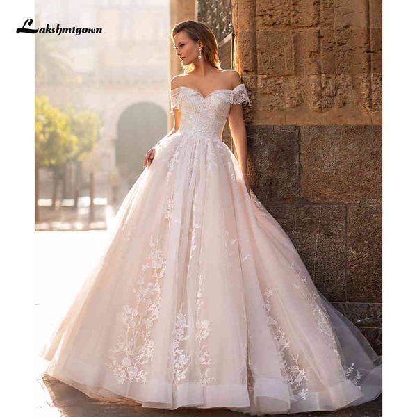 

2021 new floral off shoulder lace appliques a line sweetheart sweep train tulle wedding gowns for bride robe de marieeb gsrb, White