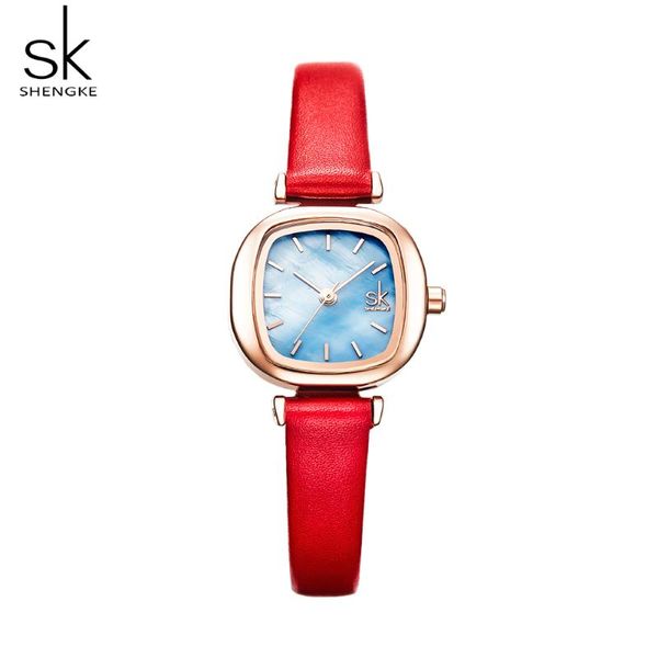 

wristwatches shengke casual women's watches red leather shell square dial quartz lady clock wrist watch relogio feminino bayan kol saat, Slivery;brown