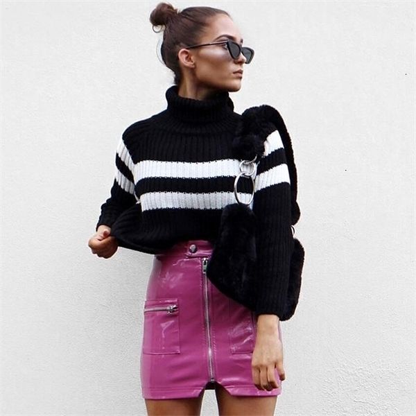 

womens fashion pu leather high waist skirt zipper fake pockets streetwear a line skirt split pink mini skirts_yw_rw, Black