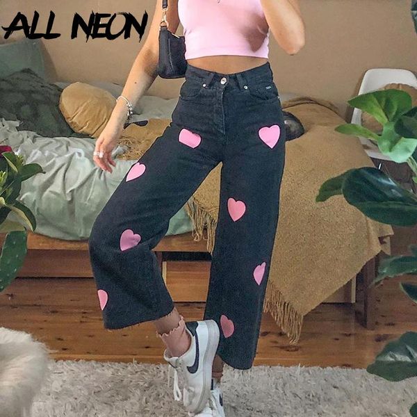 

allneon e-girl sweet heart printing loosed high waist jeans for women y2k cute wide leg black pant autumn streetwear 90s trouser women', Blue