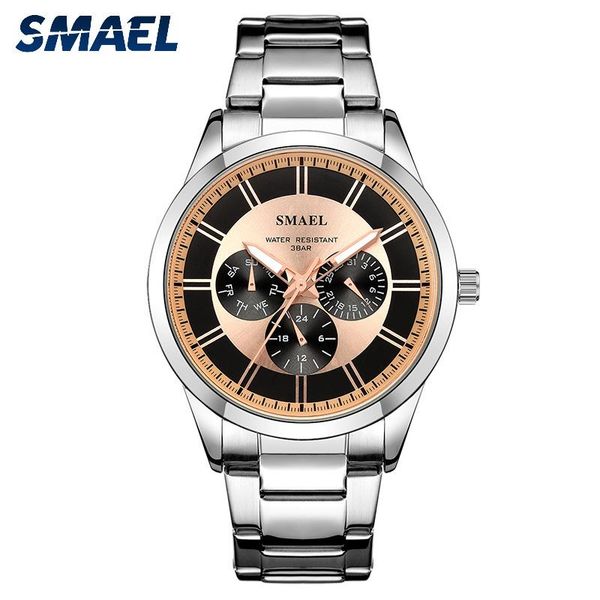 

wristwatches fashion brand mens watches luxury casual men quartz wristwatch with week calendar stainless steel waterproof clock, Slivery;brown