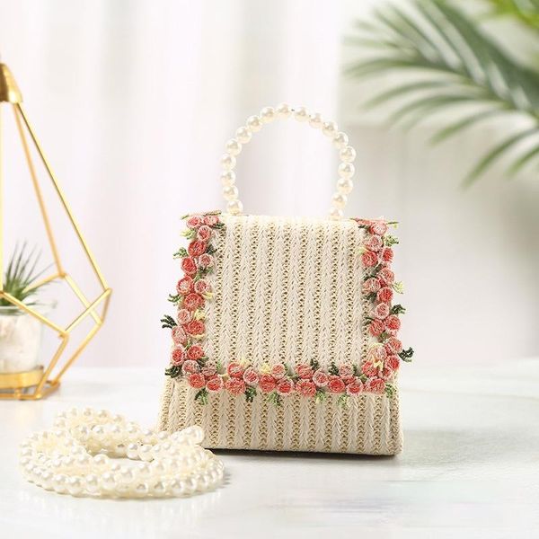 

cute kids straw purses and handbags mini crossbody little girl rattan pures bags baby small coin bag toddler pearl tote purse, White