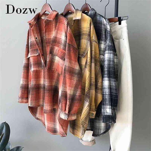

loose batwing long sleeve plaid shirt women turn down collar casual boyfriend blouse lady home work wear ropa mujer 210515, White