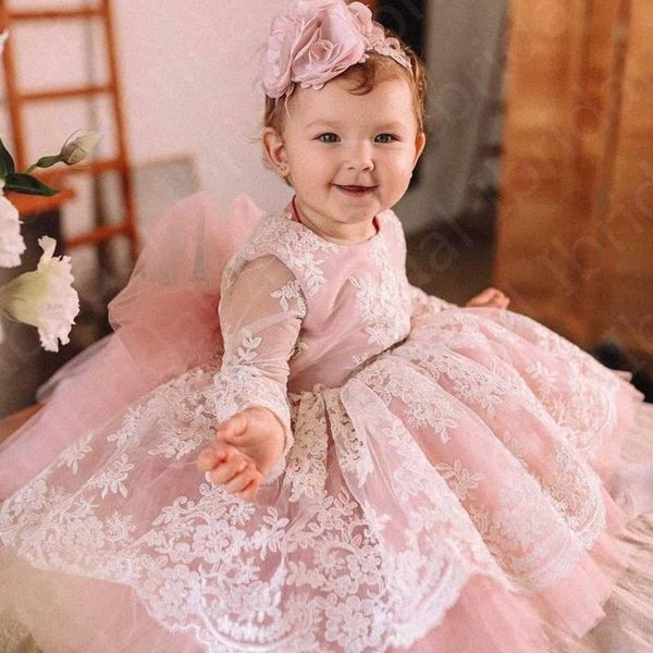 

girl's dresses lovely pink flower girls lace ball gown kids party gowns jewel neck long sleeves formal wear bow belt on sale, Red;yellow