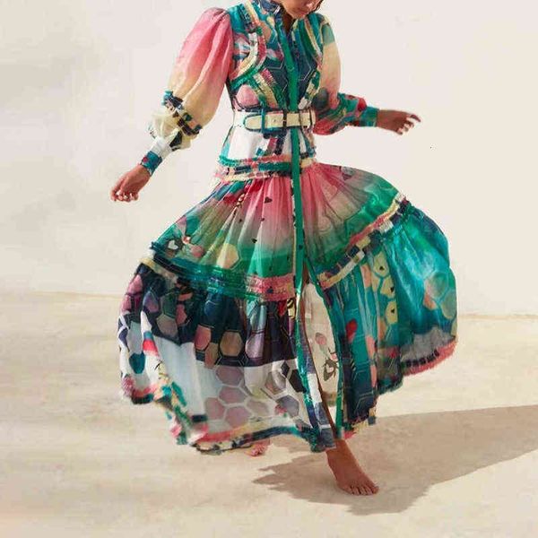 

luxury party evening dress temperament national style color contrast printing and dyeing long skirt 2021 autumn splicing stand collar single, Black