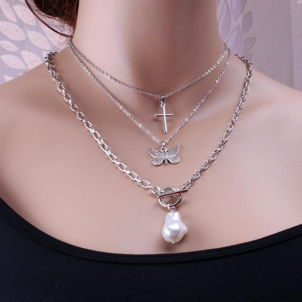 

pendant necklaces korean fashion multi-layer cross baroque pearl butterfly necklace female three-piece jewelry, Silver