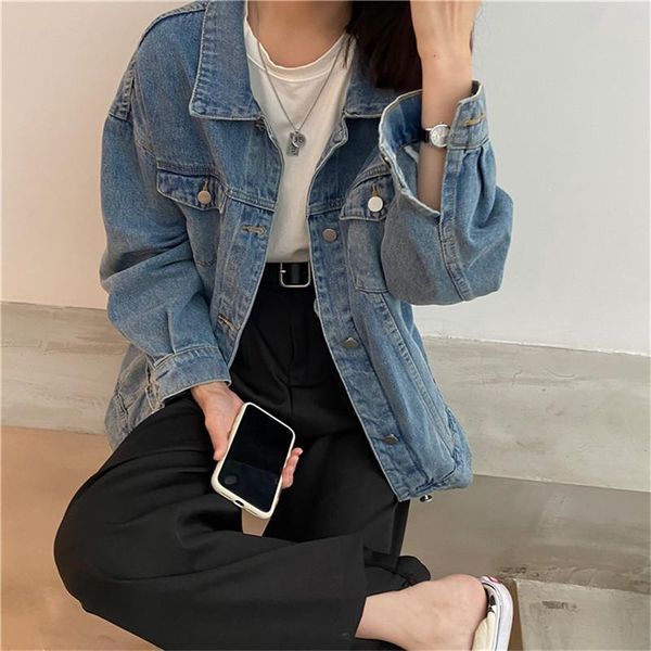 

hzirip 2021 autumn denim jacket shabby vintage turndown collar female solid casual coat office lady all-match chi women's jackets, Black;brown