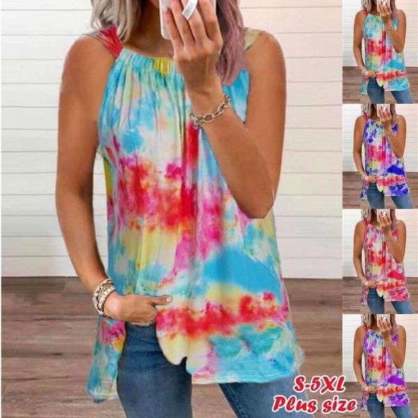 

women's t-shirt 2021 women summer tie dye print halter off shoulder t shirt casual sleeveless boho beach fashion plus female tee shirt, White