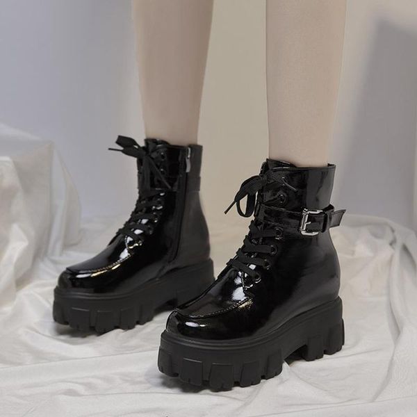 

boots rimocy patent leather women chunky ankle autumn winter 2021 fashion zip lace up platform woman thick sole punk shoes, Black