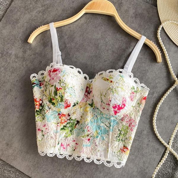 

summer printed lace tube women camis camisole 3d cup beach outerwear bra bodice short embroidery suspender vest, White