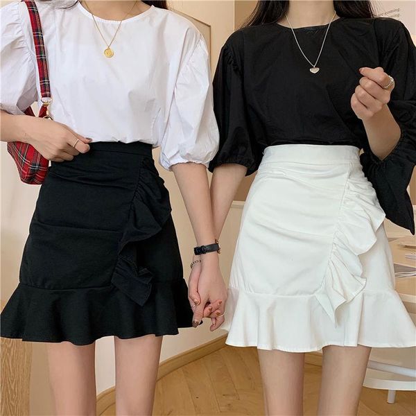 

skirts 2021 women solid color high waist hem ruffles black white slim thin lovely girl chic trendy female y103