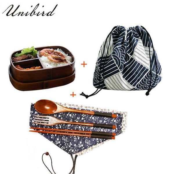 Unibirte hölzerne japanische Oval-Lunchbox mit Bagspoon-Essstäbchen Sushi-Lebensmittel-Container Kinderfach Bento-Geschirr-Set 210709