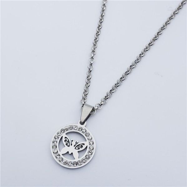 

pendant necklaces women butterfly necklace stainless steel clear rhinestone insect jewelry fashion girls gift 12 pcs/lot wholesale, Silver