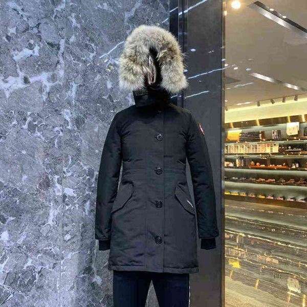 

Hot Quality Real Coyote Fur Winter Womens CG Canadian Rossclairs Parka Goose Down Jackets Coat Swallowtail Outerwear Winderproof H1129, Black