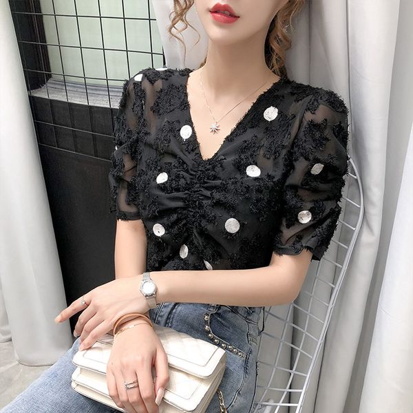 

summer women's short-sleeved shirt v-neck chiffon embroidery pleated wild woman gd550 210506, White