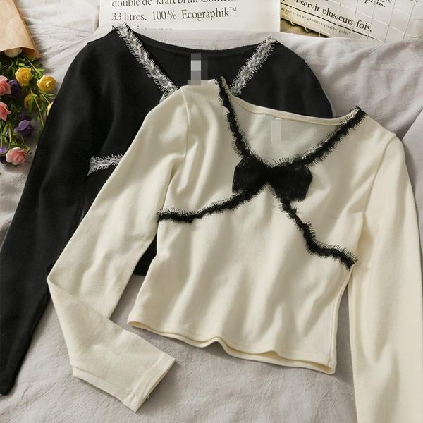 

women's t-shirt colorblock tassel graphic tee long sleeve slim fit woman tshirts 2021 fashion casual versatile womens clothing, White