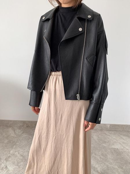 

women's leather & faux dajane design lady nice jacket classic real lapel original women coat sheepskin look oversize, Black