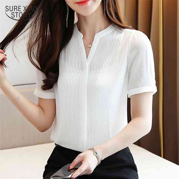 

summer korean style short sleeve chiffon blouse women office lady solid cardigan women shirts ladies blusas mujer 9912 210401, White