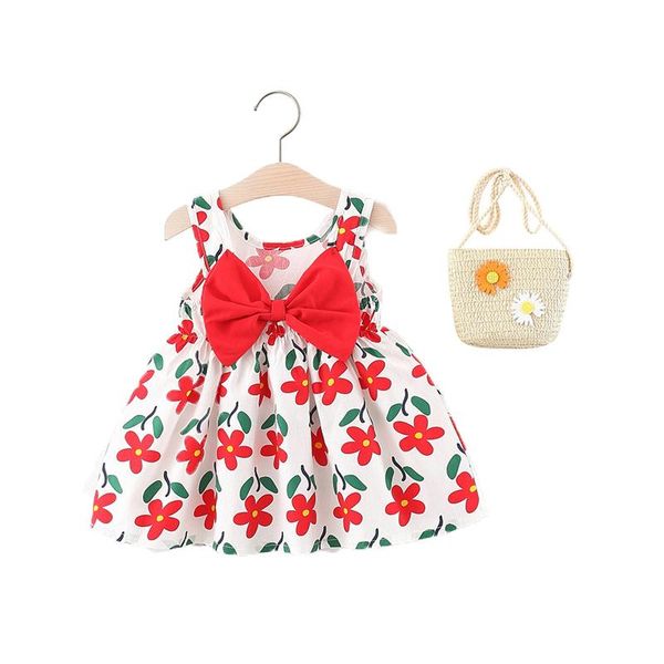 

girl's dresses beach floral baby girls dress with straw bag big bow princess girl clothes born summer 1 pc, Red;yellow