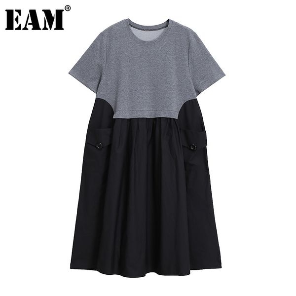 

[eam] women gray spliced big size ruffle dress round neck short sleeve loose fit fashion spring summer 1dd8184 210512, Black;gray