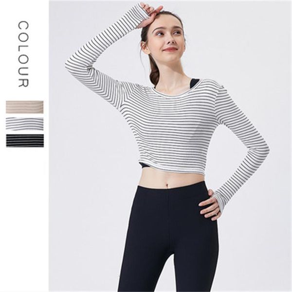 

striped yoga t-shirt slim off shoulder net red fitness suit long sleeve blouse, Gray