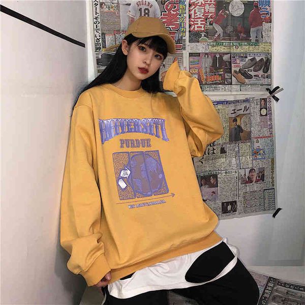 

women's hoodies & sweatshirts suÃ©ter de letras do globo, gola redonda, casal, moda grande, mulheres, solto, simples, retrÃ´, coreano, pu, Black