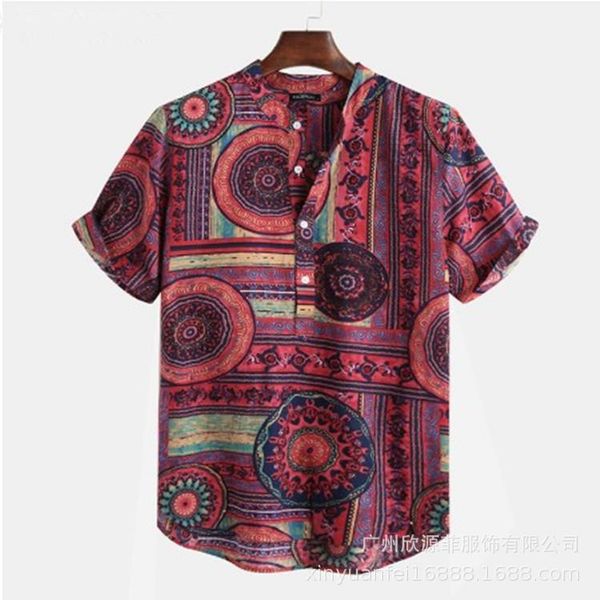 

men's casual shirts 2021 spring summer fashion shirt ethnic printed stand collar cotton short sleeve loose hawaiian handsome, White;black