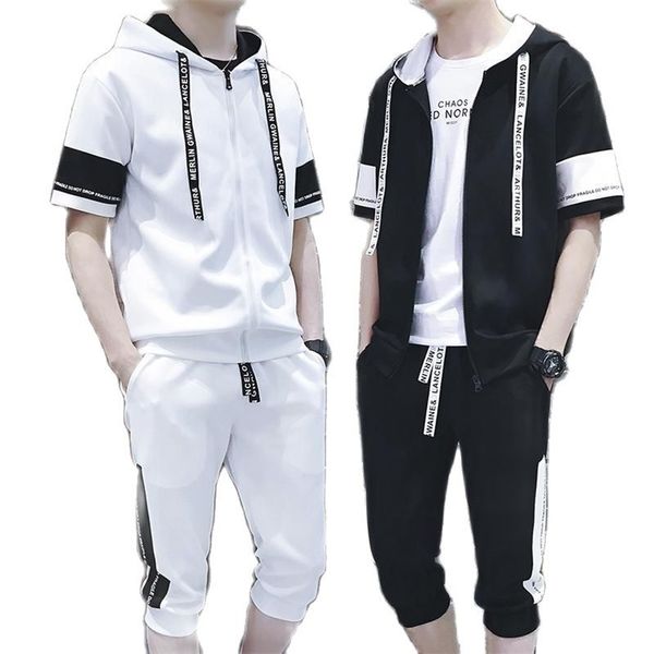 

spring summer fashion male even hat twinset motion suit pattern clothes set tracksuit men gym thin short hip hop 210722, Gray