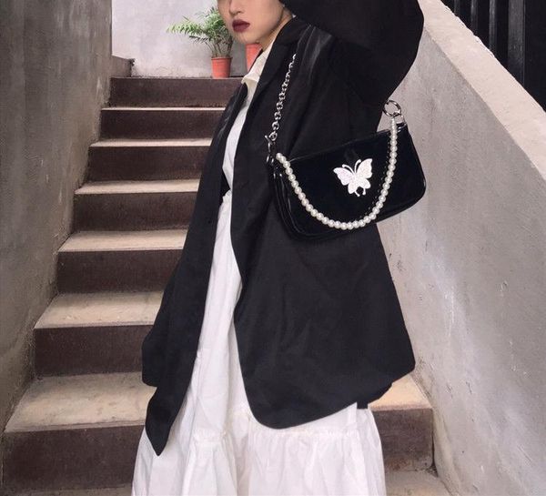 

evening bags butterfly girls chain armpit handbags vintage black baguette shoulder bag for women patent leather diamond pearl crossbody