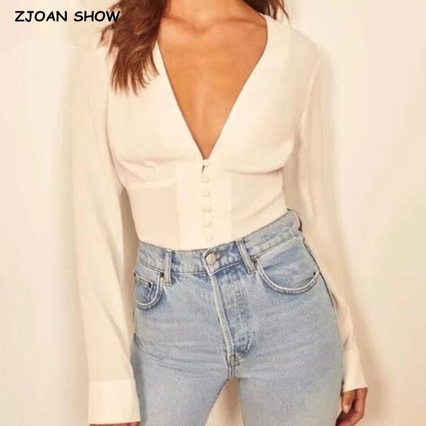 

women's blouses & shirts 2021 france retro v neck long sleeve white shirt women single-breasted buttons slim waist short blouse girl 