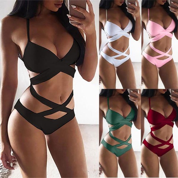 

women's swimwear bathing suits summer solid color bikini high waisted cross straps two piece swimsuit split beachwear, White;black