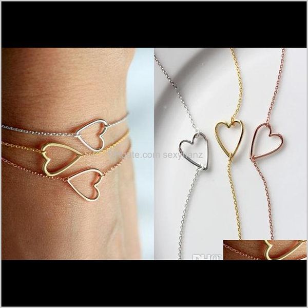 

charm jewelry drop delivery 2021 10pcs- b032 gold sier tiny line hollow out open simple wire wrapped love heart bracelets for lovers couples, Golden;silver