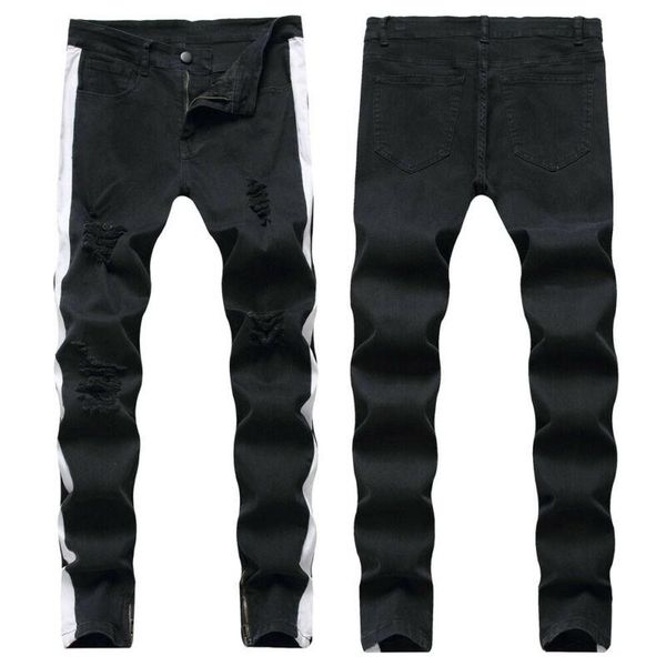 

men's jeans men solid skinny denim full slim fit casual long pants outdoor side striped scratched trousers 2021 mens fashion clothes, Blue