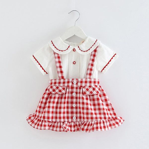 

clothing sets girls summer plaid skirt suit 2021 kids floral cotton t-shirt+ pink red children school uniform clothes, White