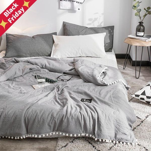 

summer gray air condition quilts duvet with little white pompons bed linens washed cotton throw blankets solid bedding #s comforters & sets