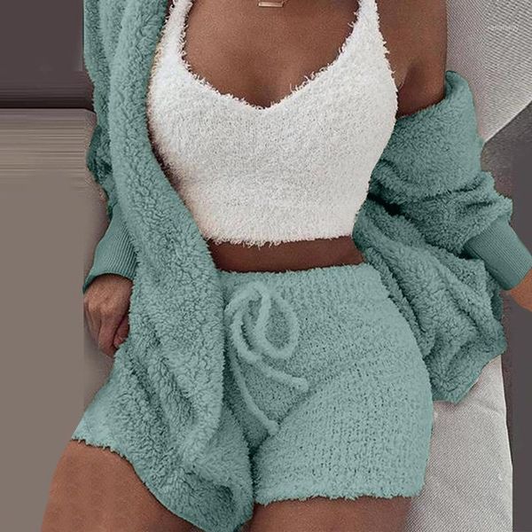 

running sets fashion women's autumn winter warm plush casual sportswear solid colors long sleeves coat shorts home 3 piece set#g4, Black;blue