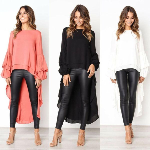

women spring puff sleeve long asymmetrical hem clubwear casual shirt blouse women's blouses & shirts, White