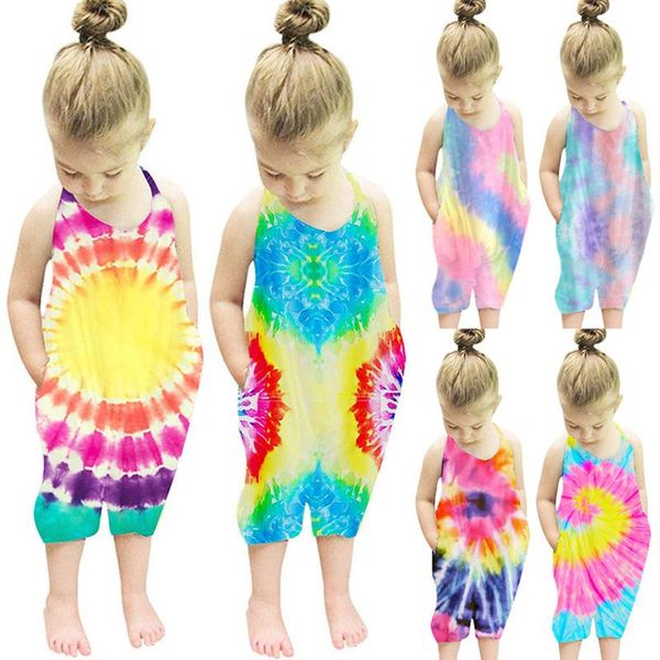 

clothing sets children's summer girls tie-dye print suspenders side pockets halter jumpsuit sunflower sling, White